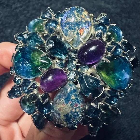 Vintage Albert WEISS Blue & Green Cateye Cabochon Rhinestone Bi-Color Brooch - Picture 3 of 6